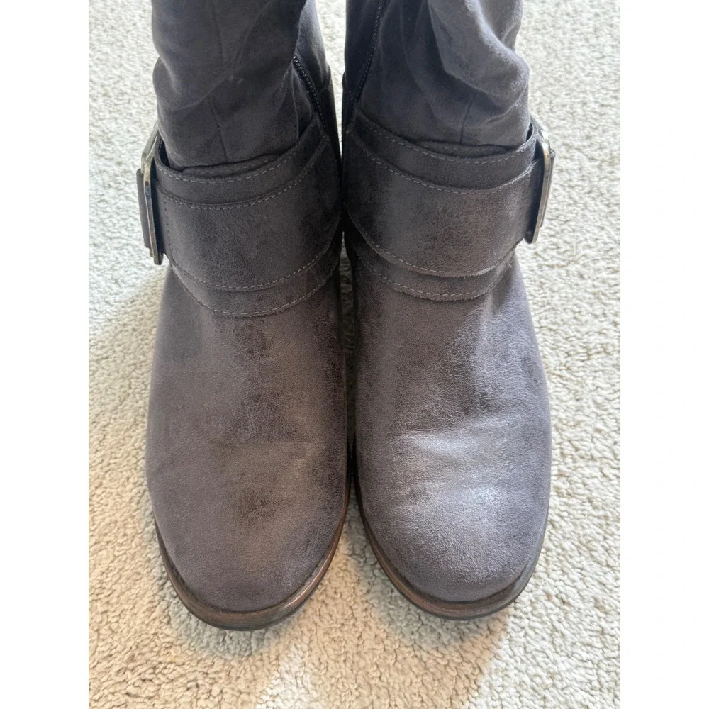 Madeline Gray Slouch Knee-High Boots w/ Buckle Sz 8.5 - Wide Calf-‎ Gently Worn